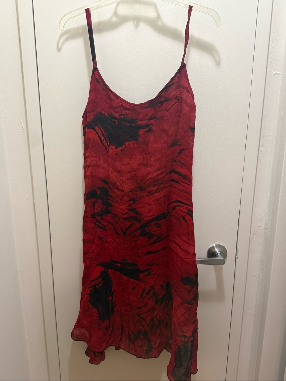 Red Black Abstract Print Slip Dress Asymmetric Ruffle Hem Made in Italy M/L